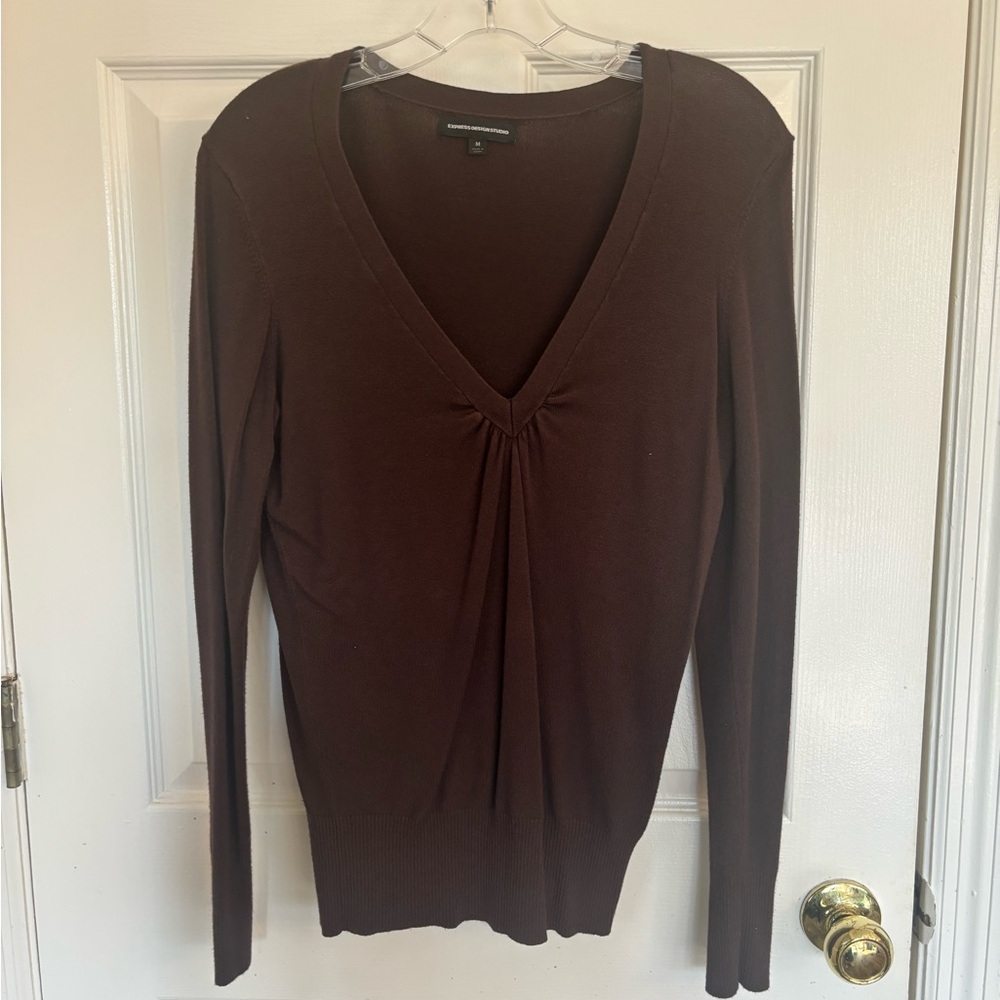 Express Chocolate Brown V-Neck Long Sleeve Top